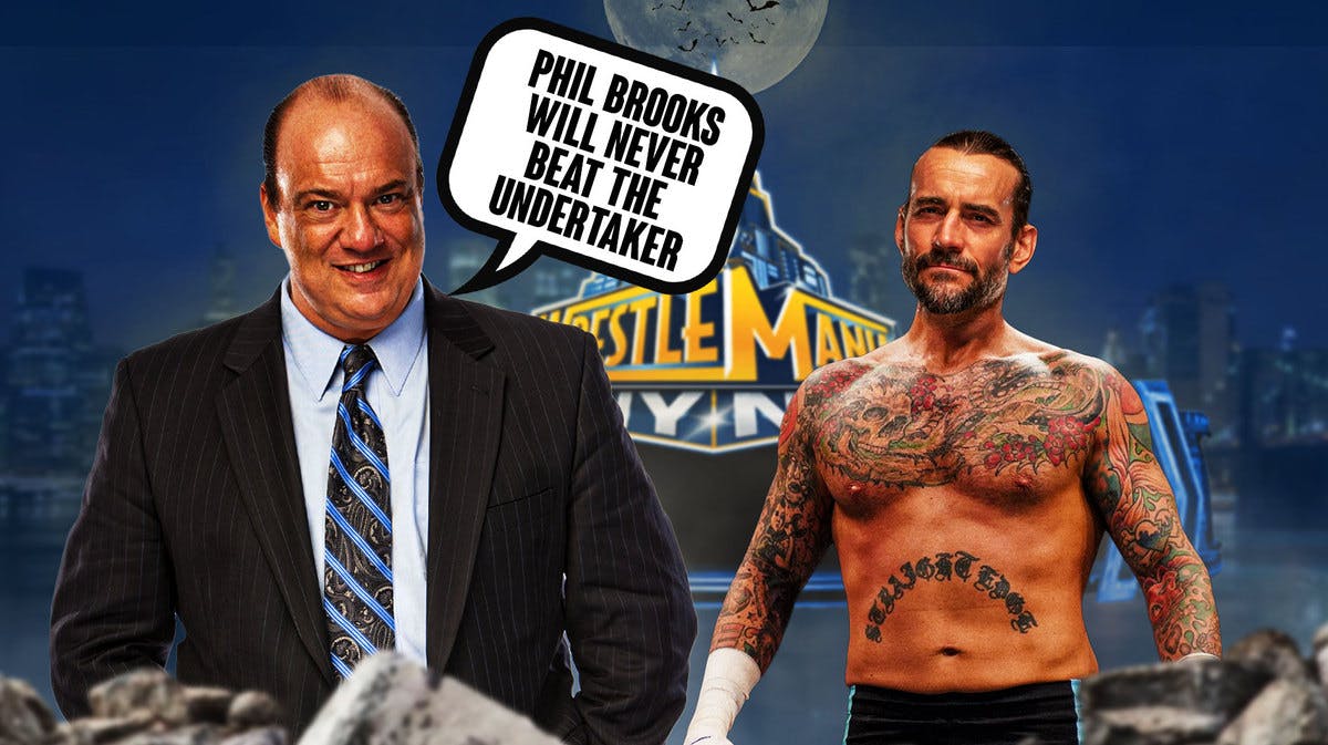 Paul Heyman with a text bubble reading “Phil Brooks will never beat The Undertaker” next to CM Punk with the WrestleMania 29 logo as the background.