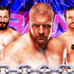 Triple H with Bobby FIsh on his left and Adam Cole on his right with the RAW logo as the background.