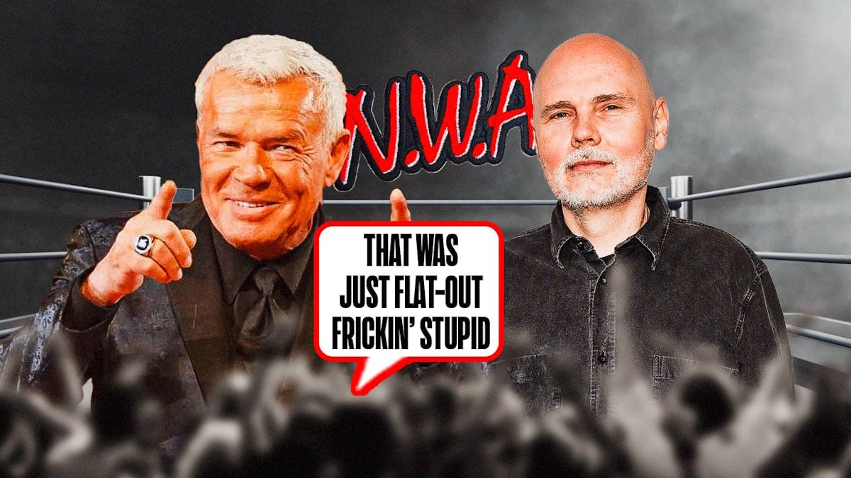 Eric Bischoff with a text bubble reading “That was just flat-out frickin' stupid” next to Billy Corgan with the NWA logo as the background.