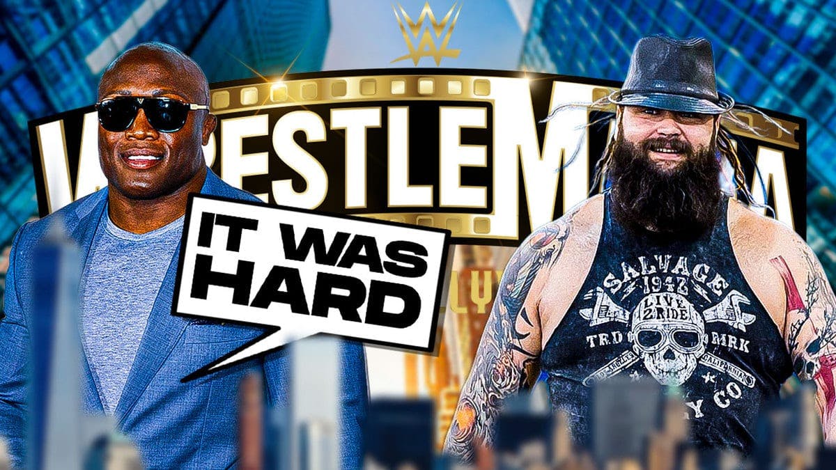 Bobby Lashley with a text bubble reading “It was hard” next to Bray Wyatt with the WrestleMania 39 logo as the background.