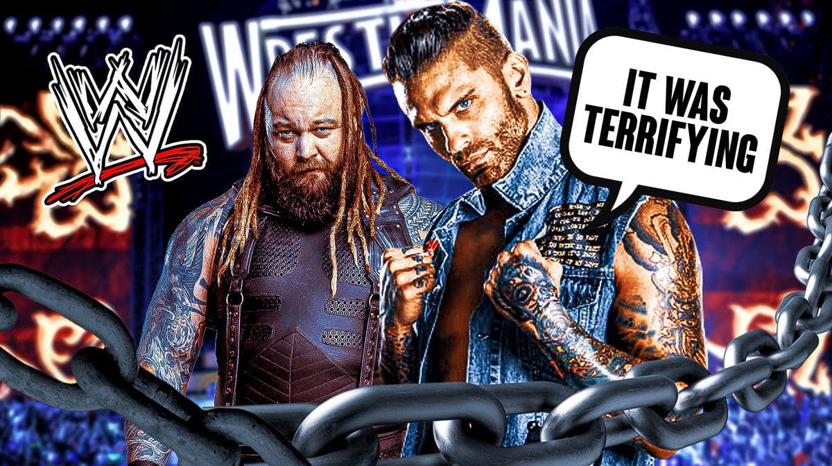 Corey Graves with a text bubble reading “it was terrifying” next to Bray Wyatt with the WWE logo as the background.