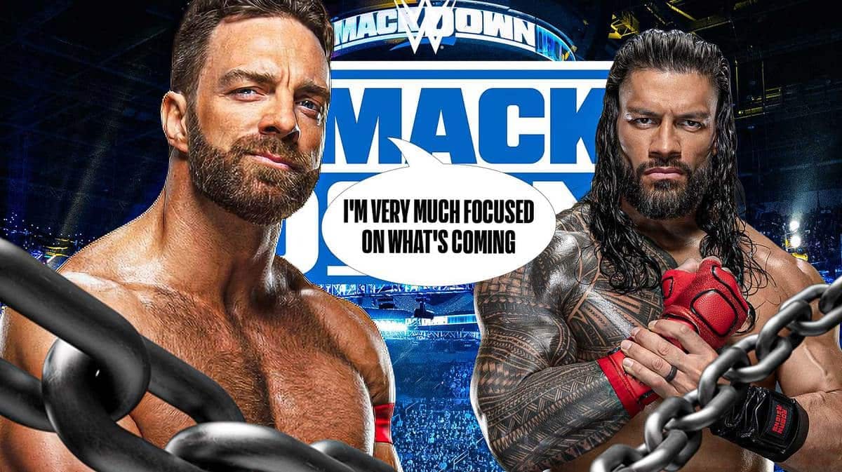 LA Knight with a text bubble reading “I'm very much focused on what's coming” next to Roman Reigns with the SmackDown logo as the background.