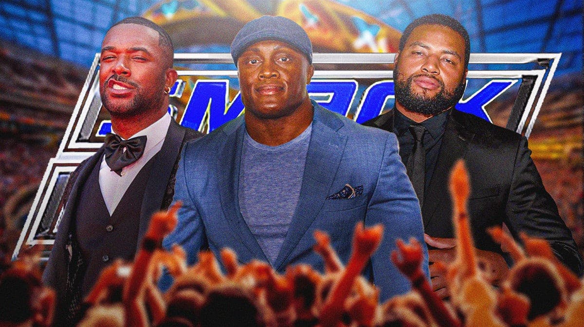 Bobby Lashley with Montez Ford on his left and Angelo Dawkins on his right with the SmackDown logo as the background.