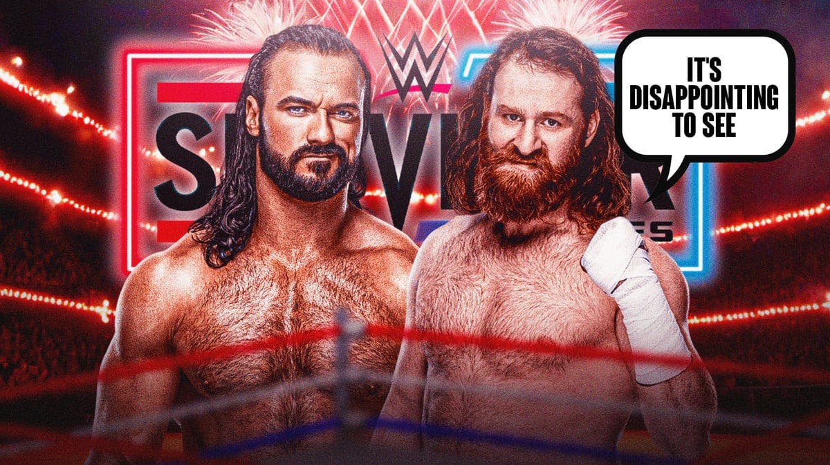 Sami Zayn with a text bubble reading “It's disappointing to see” next to Drew McIntyre with the 2023 Survivor Series logo as the background.