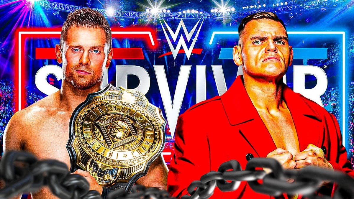 The Miz wearing the Intercontinental Championship next to Gunther not wearing the Intercontinental Championship with the Survivor Series logo as the background.