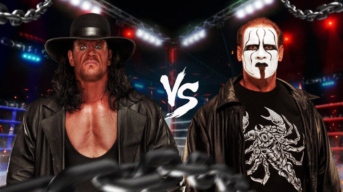 The Undertake on the left, Sting on the right with a vs. symbol between them inside a WWE ring.