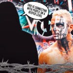 The blacked-out silhouette of Chris Hero with a text bubble reading “This is connecting with people on a deeper level” next to Darby Allin with the Nitro Circus logo as the background.