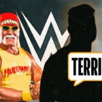The blacked-out silhouette of MJF with a text bubble reading “Terrible” next to Hulk Hogan with the WWE logo as the background.