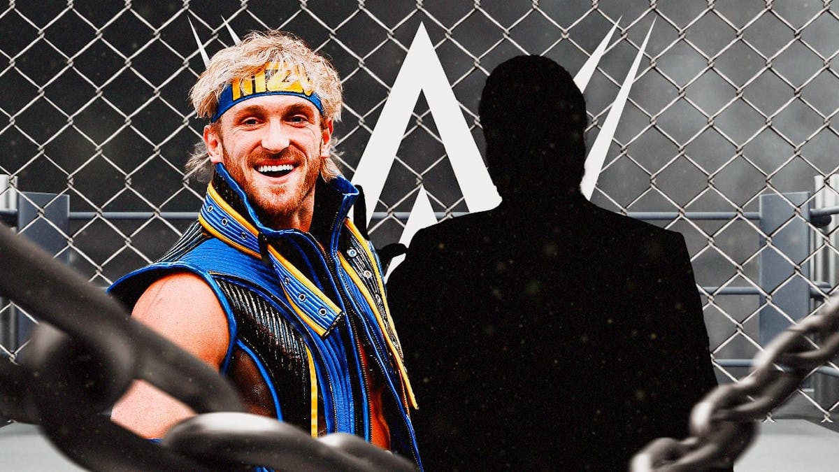 Logan Paul next to the blacked-out silhouette of Mick Foley in a steel cage with the WWE logo as the background.