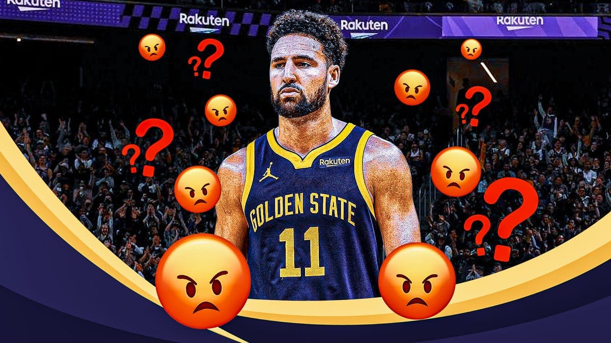 Warriors' Klay Thompson looking angry, with question marks and angry emojis all over him