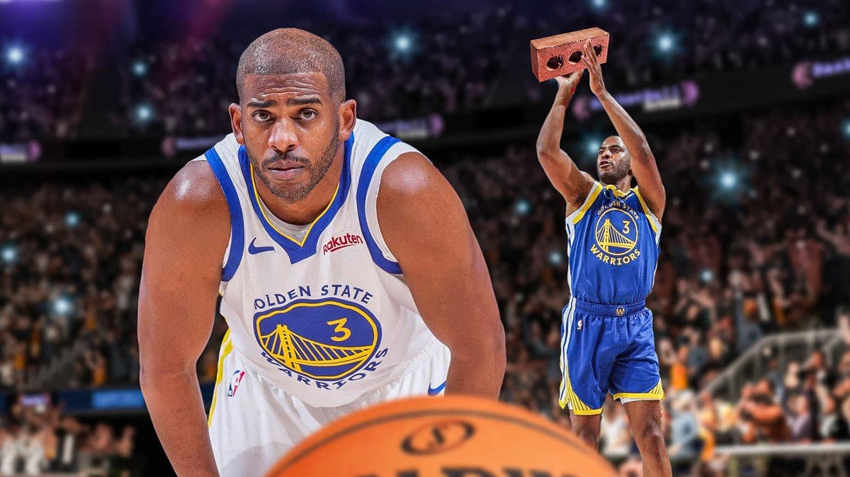 Warriors' Chris Paul shooting a literal brick in the background. In front, Warriors' Chris Paul looking serious.