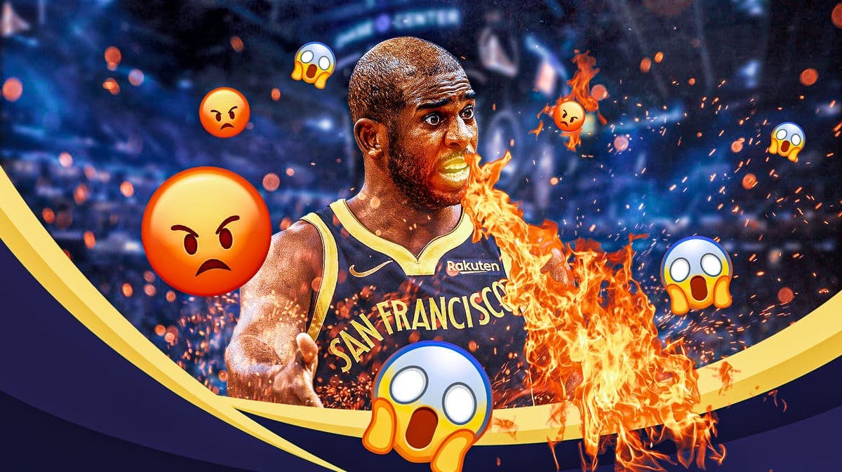 Warriors' Chris Paul with fire coming out his mouth, with angry and scared emojis in the background
