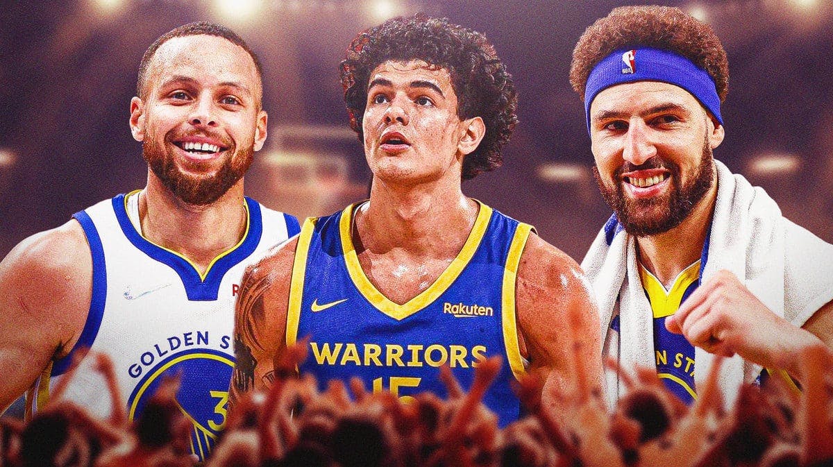 Gui Santos next to Warriors' Klay Thompson and Stephen Curry