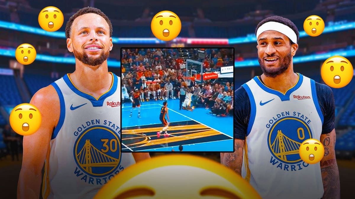 Stephen Curry, Gary Payton both smiling in Warriors jerseys, shocked emojis around them, screenshot of tweet video below at 6-seocnd mark please