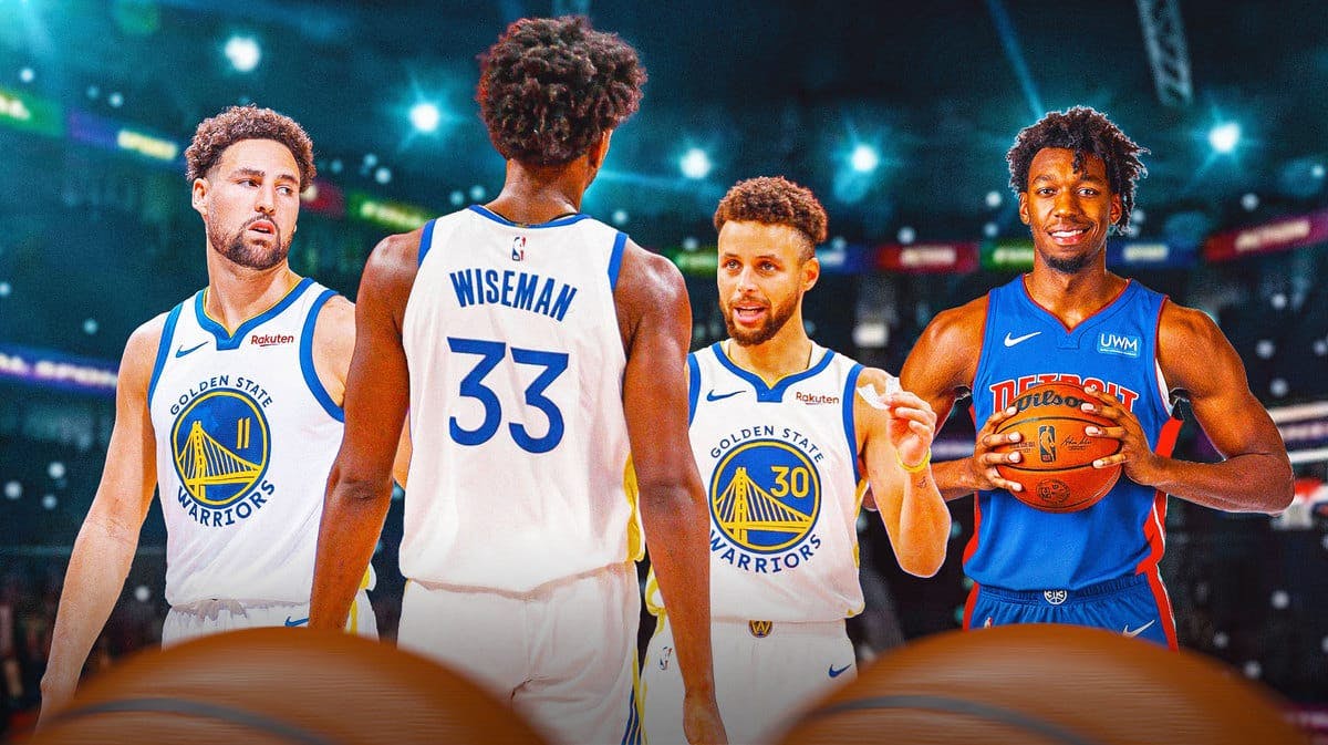 Warriors' Stephen Curry talking to James Wiseman (find a pic of them together), with Klay Thompson beside them, while James Wiseman is in a Pistons uni on the right