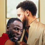 Warriors' Stephen Curry as the guy and Draymond Green as the woman