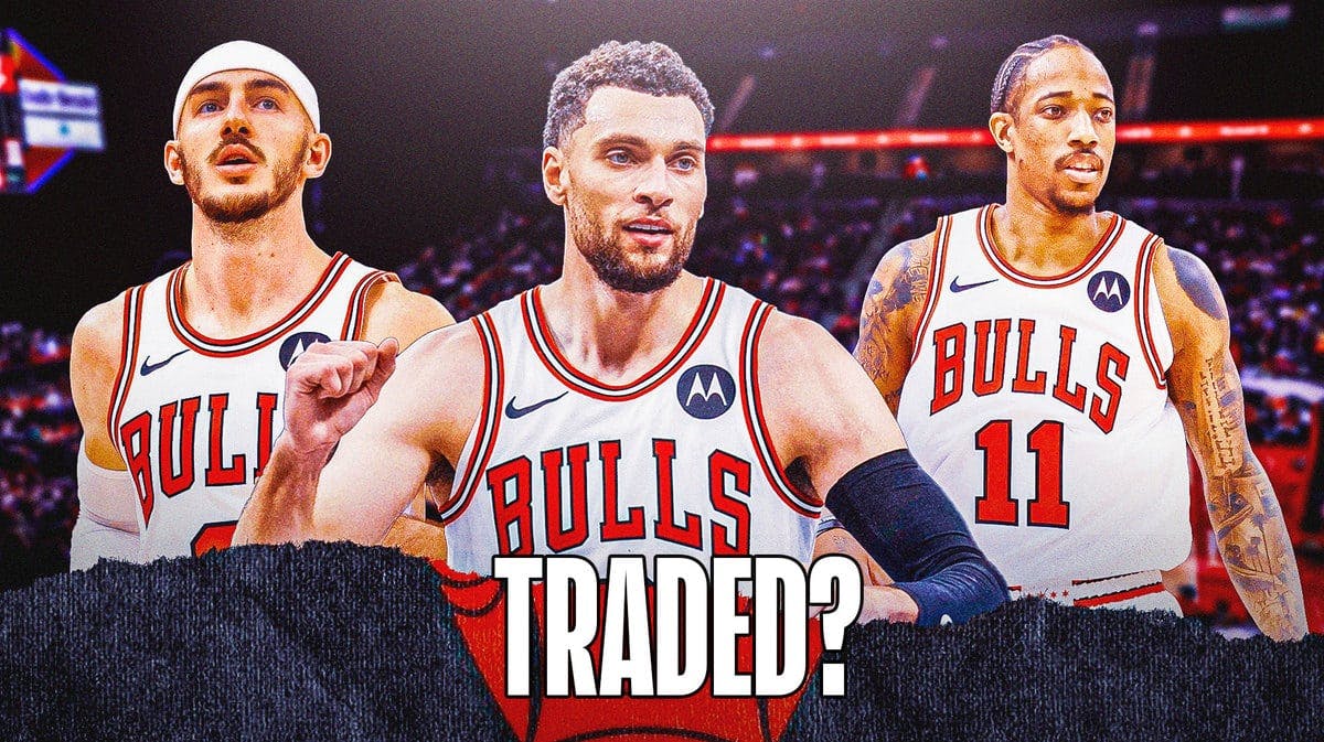 Zach LaVine, Alex Caruso and DeMar DeRozan. Bolded caption at the top that says “Traded?”