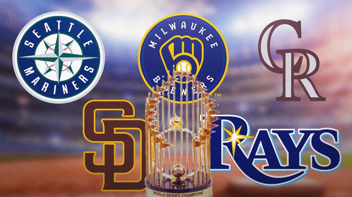 Mariners, Padres, Brewers, Rays, and Rockies logos all in image. Place the World Series trophy in front.