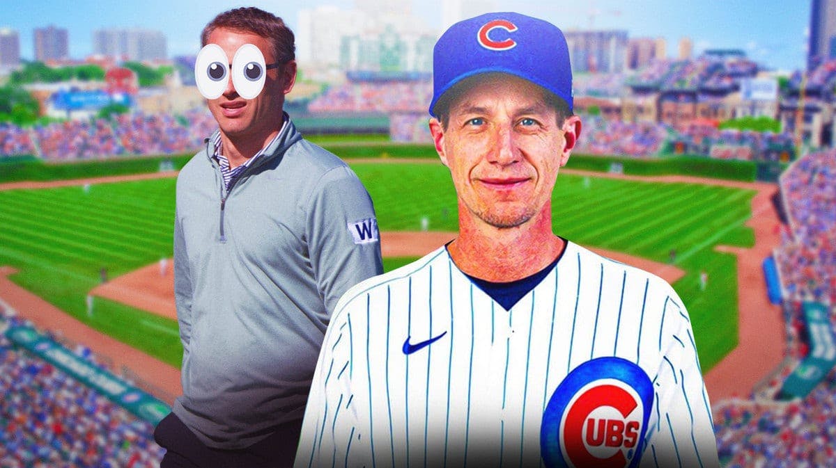 Craig Counsell in Cubs jersey coaching, Jed Hoyer with big eyes looking at Counsell