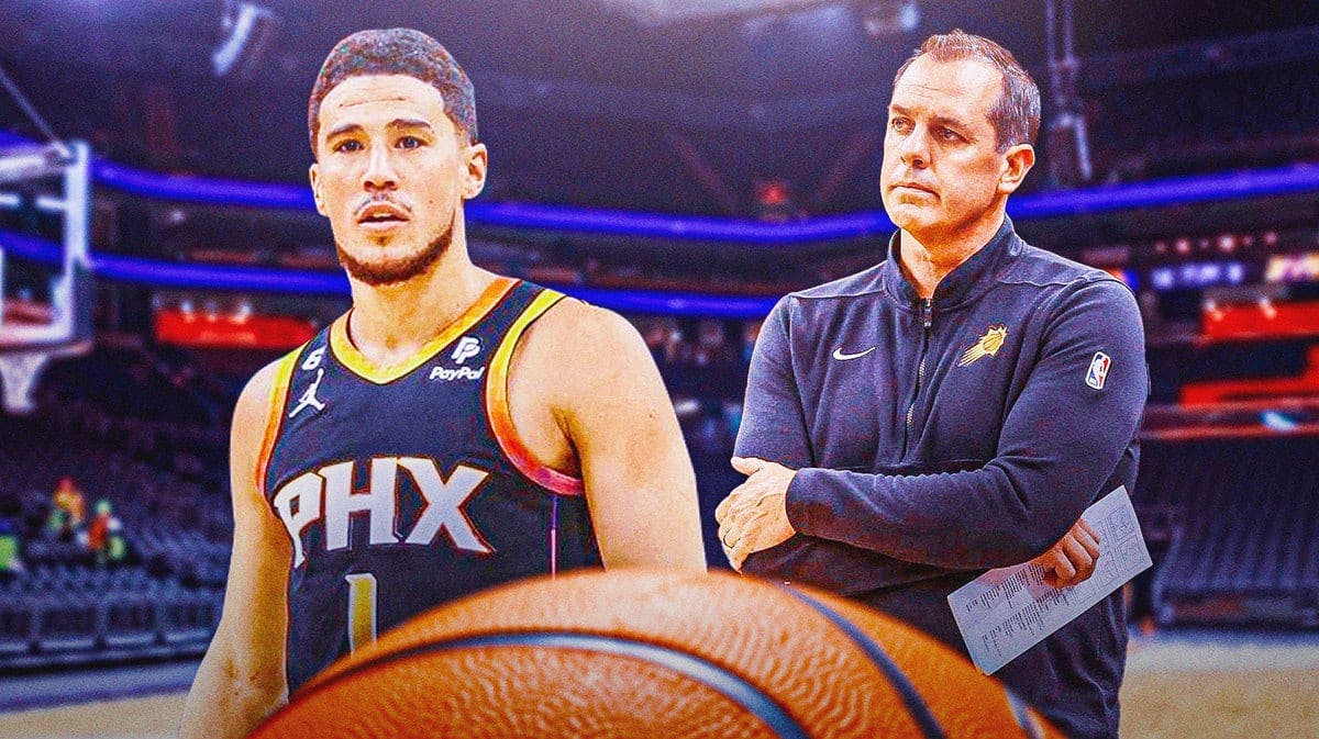 Devin Booker looking disappointed with Frank Vogel in the background