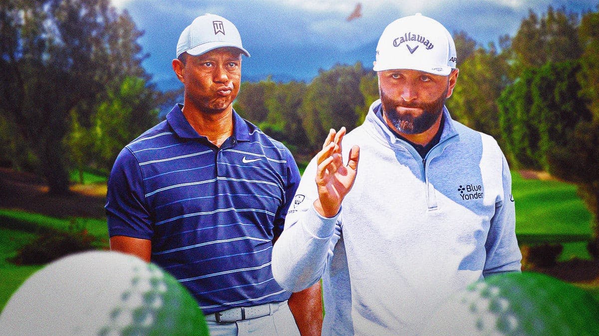 Tiger Woods looking at Jon Rahm, who is leaving the new TGL league.