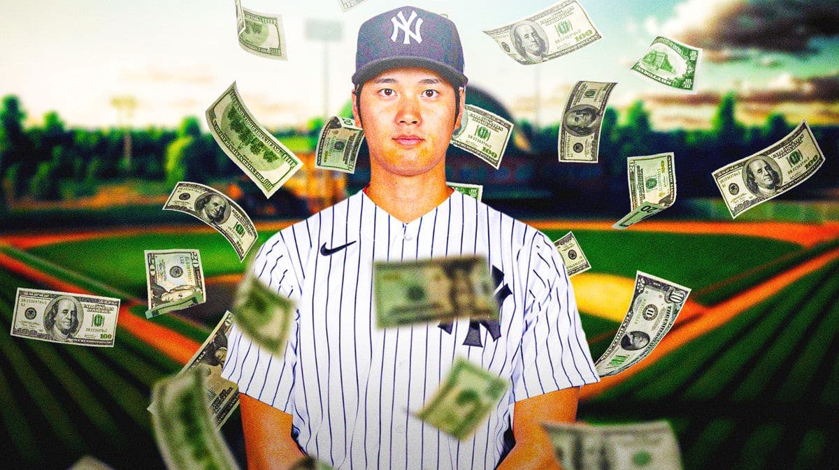 Shohei Ohtani in a Yankees uniform with money everywhere.