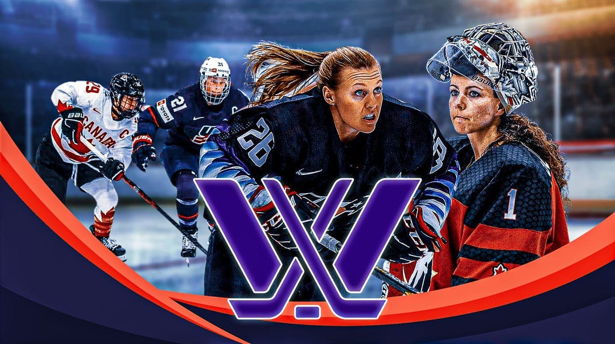Different women hockey players, with the PWHL logo in the middle