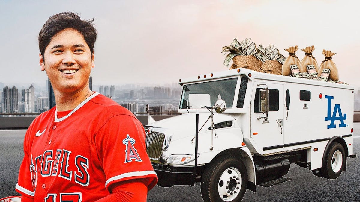 Shohei Ohtani with a brinks truck being backed up with a Dodgers logo
