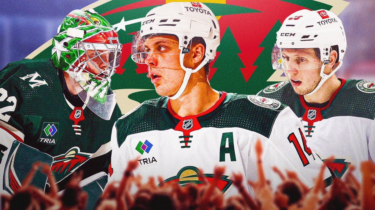 Marco Rossi, Filip Gustavsson and Joel Eriksson Ek in image, MIN Wild logo, hockey rink in background