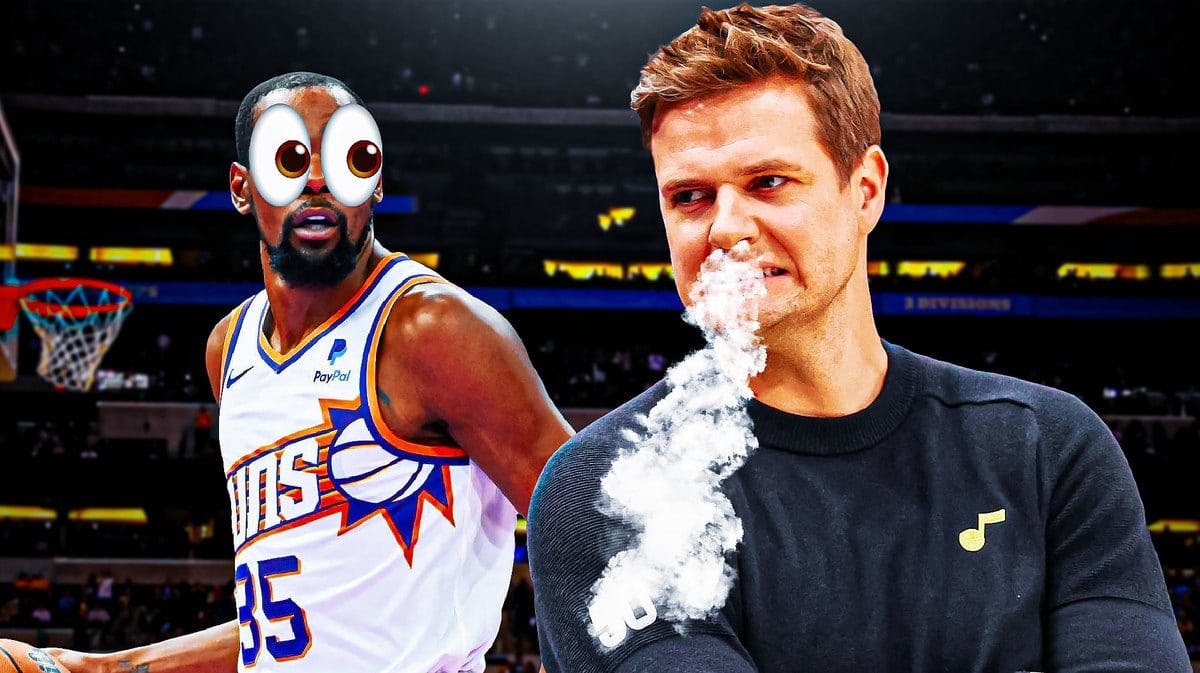 Will Hardy (Jazz head coach) with smoke coming out his nose, Kevin Durant (Suns) with eyes emoji and looking at Hardy