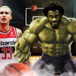 Wizards' Kyle Kuzma looking pissed, with Hornets' Mark Williams as the Hulk