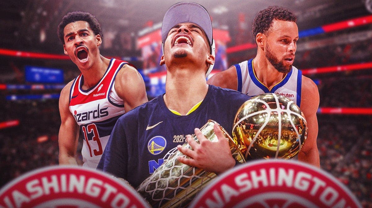 Jordan Poole hoisting the 2022 championship with Warriors in the middle, with Wizards' Poole hyped on the left and Stephen Curry rolling his eyes on the right
