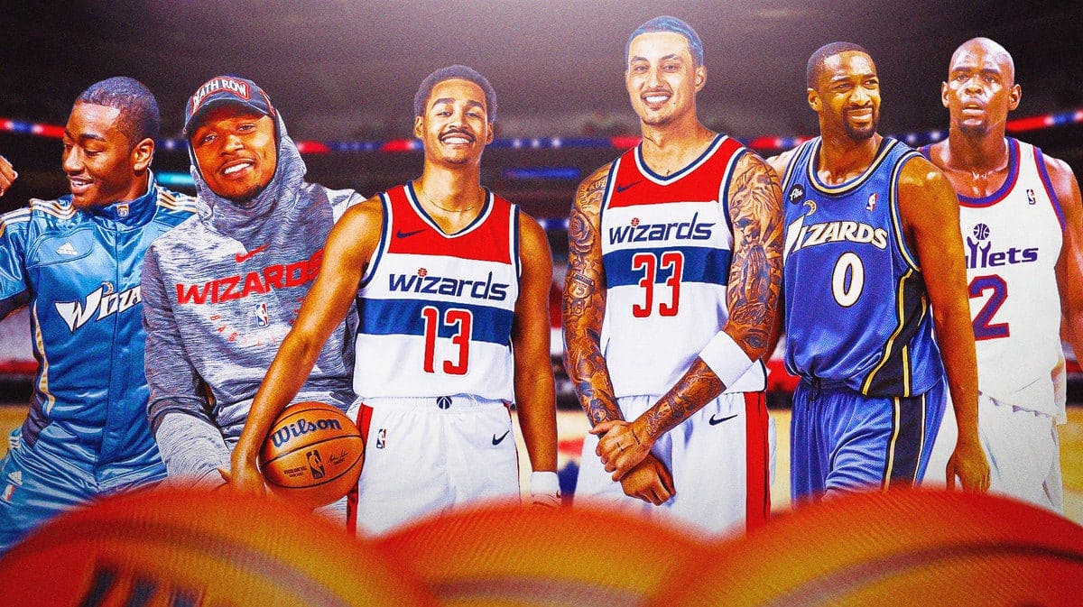 A collage of Washington Wizards (Bullets) disappointment over the last 45 years, featuring John Wall, Bradley Beal, Jordan Poole, Kyle Kuzma, Gilbert Arenas and Chris Webber