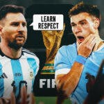 Lionel Messi saying: 'Learn respect' next to Manuel Ugarte, the 2026 FIFA World Cup logo behind them