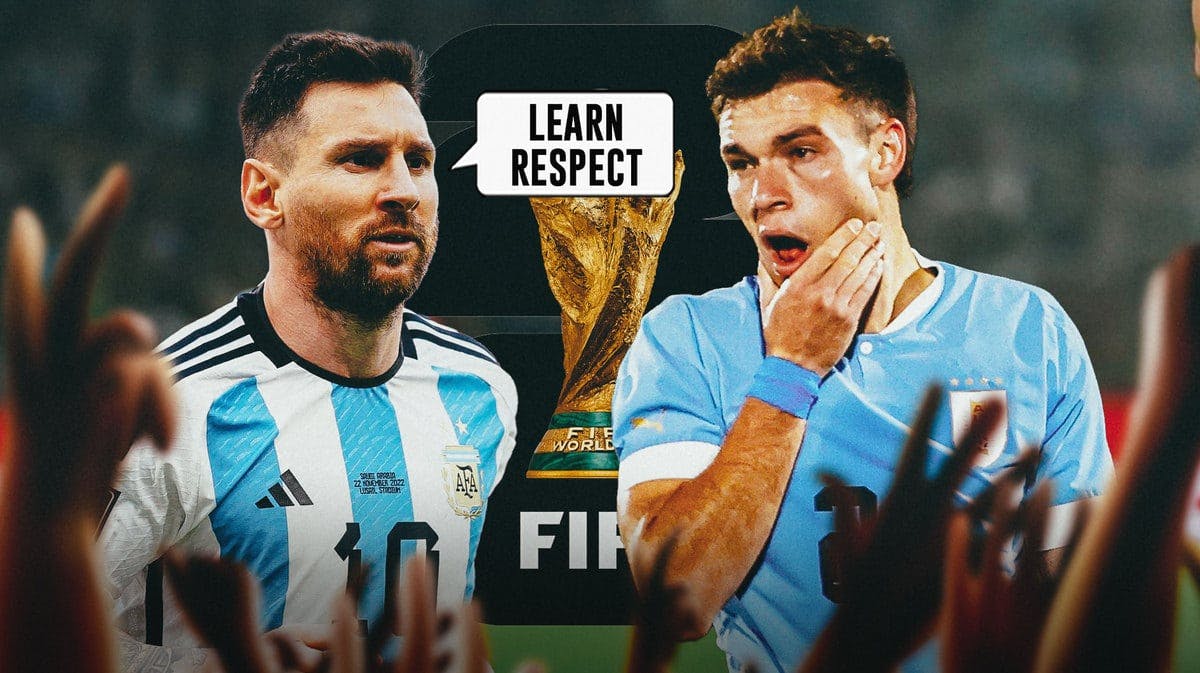 Lionel Messi saying: 'Learn respect' next to Manuel Ugarte, the 2026 FIFA World Cup logo behind them