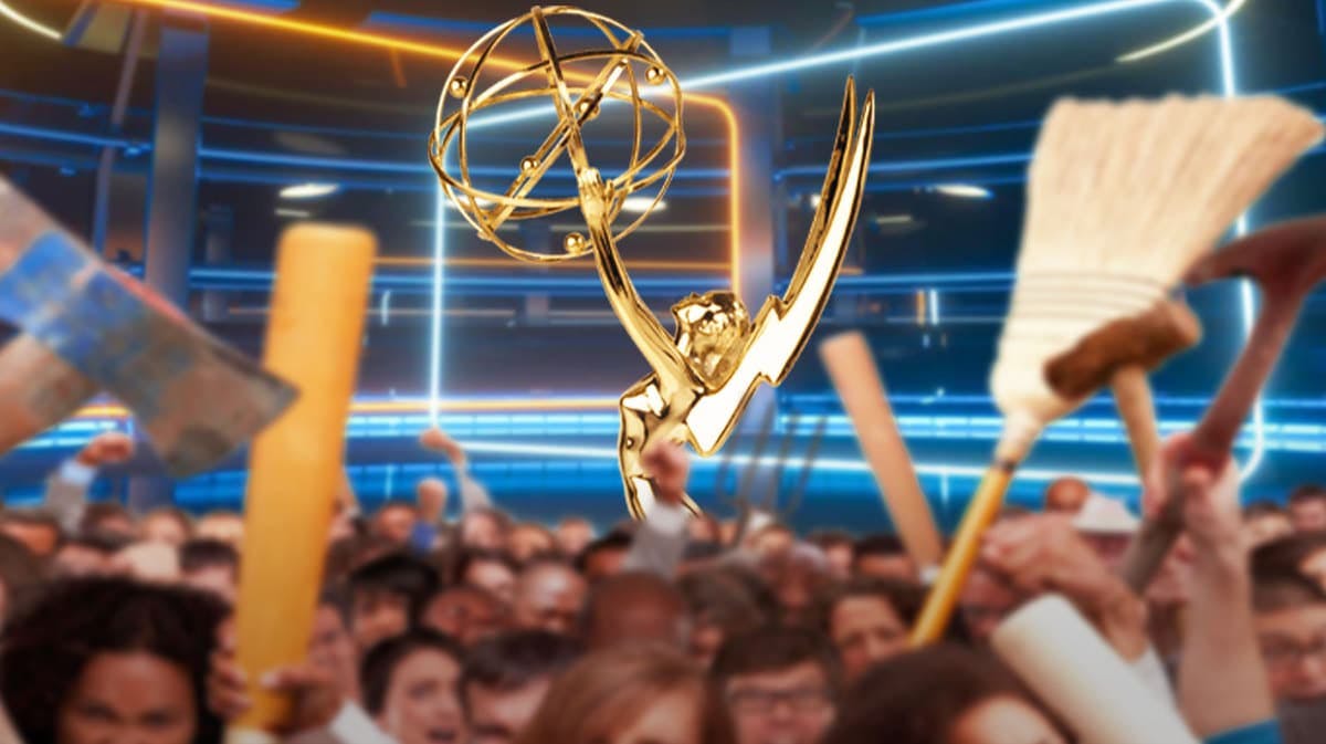 An Emmy Award with an angry crowd.