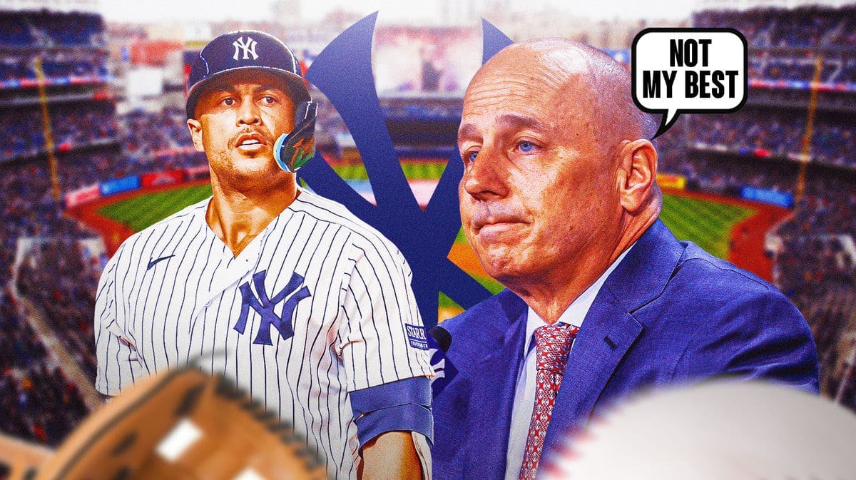 Giancarlo Stanton in middle of image looking stern, Brian Cashman looking embarrassed with speech bubble: “Not my best” , NY Yankees logo, baseball field