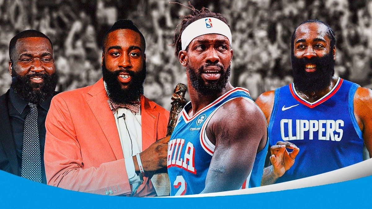 Kendrick Perkins smiling, Thunder James Harden holding sixth man of the year award, Sixers' Patrick Beverley looking mad, with Clippers' James Harden smiling