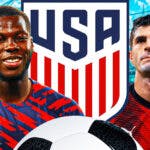 Yunus Musah and Christian Pulisic in front of the USMNT and AC Milan logos