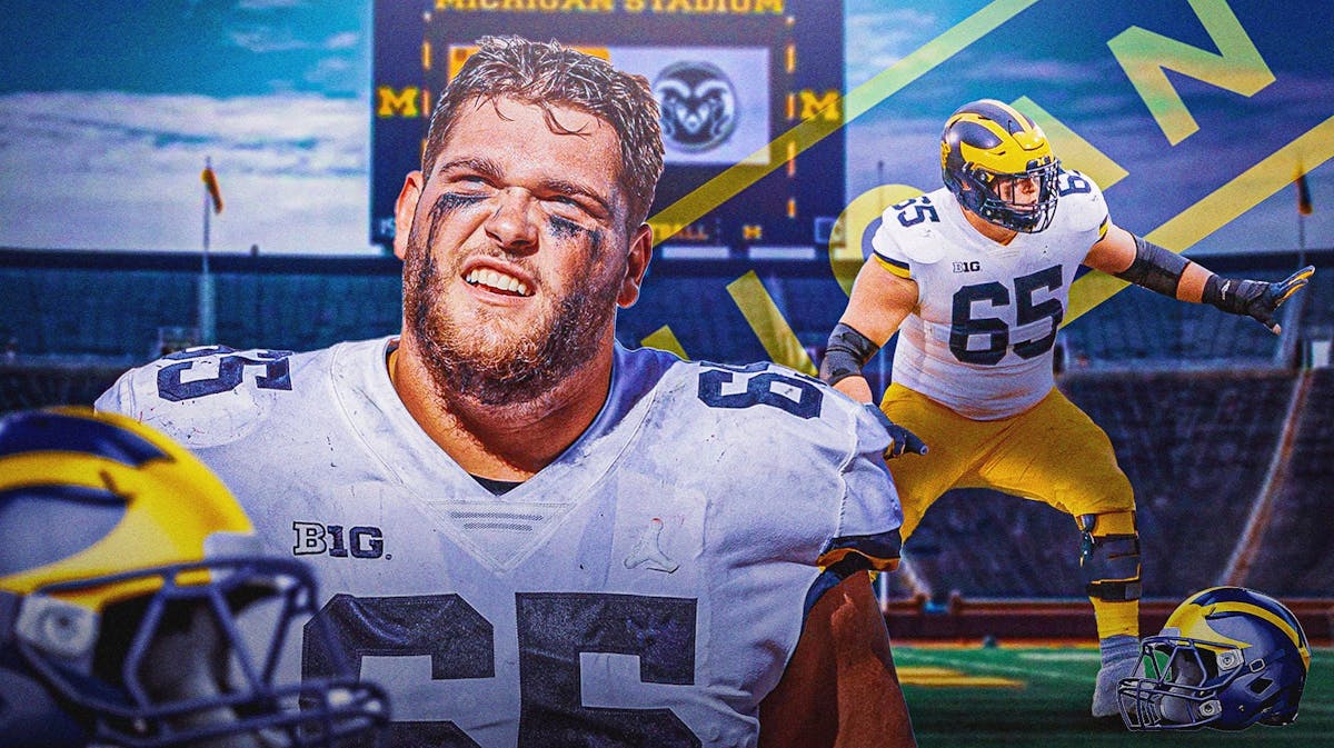 Michigan offensive lineman Zak Zinter in the foreground. Images on the left and right.