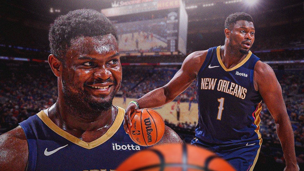 New Orleans Pelicans star Zion Williamson in front of Smoothie King Center.