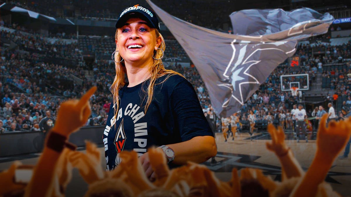 Becky Hammon and the Last Vegas Aces celebrating the 2022 championship on the left of the photo in the foreground, with the San Antonio Spurs off to the side in the background