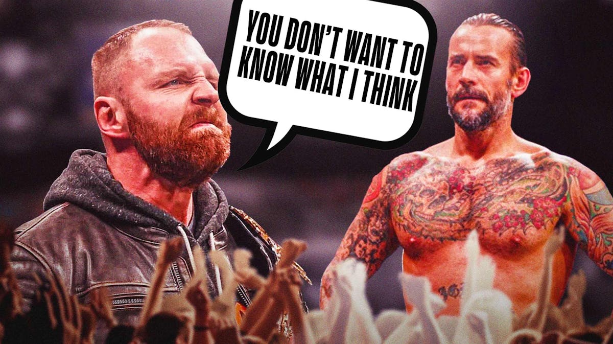 Jon Moxley with a text bubble reading “You don’t want to know what I think” next to 2023 WWE CM Punk in a professional wrestling ring.