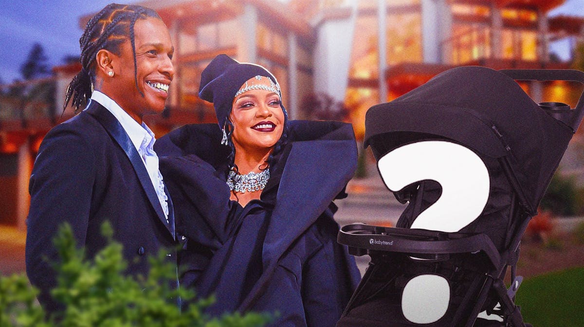Rihanna and A$AP Rocky standing in front of a mansion next to a babu stroller with a question mark on it