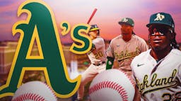 Oakland Athletics players in the foreground, with the Athletics logo. In the background, city of Las Vegas.