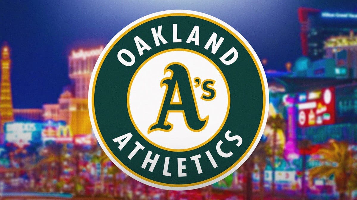 Athletics logo with Las Vegas strip in background
