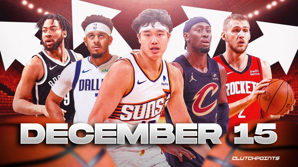 Yuta Watanabe, Seth Curry, Caris LeVert, Jock Landale, Trendon Watford all together with arrows on the graphic pointing every which way as well as question marks. NBA logo in the background and “December 15” in the front of the graphic.