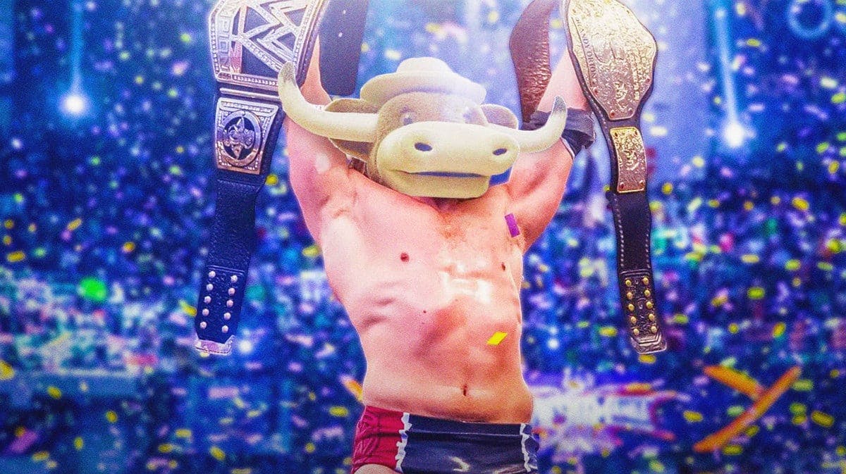 The Texas Longhorns mascot head on Daniel Bryan's body - signifying the partnership between WWE and Big 12