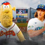 Braves mascot and Tyler Glasnow of the Rays