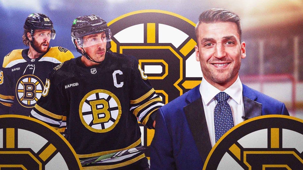 Patrice Bergeron in middle of image looking happy, Brad Marchand and David Pastrnak on either side looking at him expectantly, BOS Bruins logo, hockey rink in background